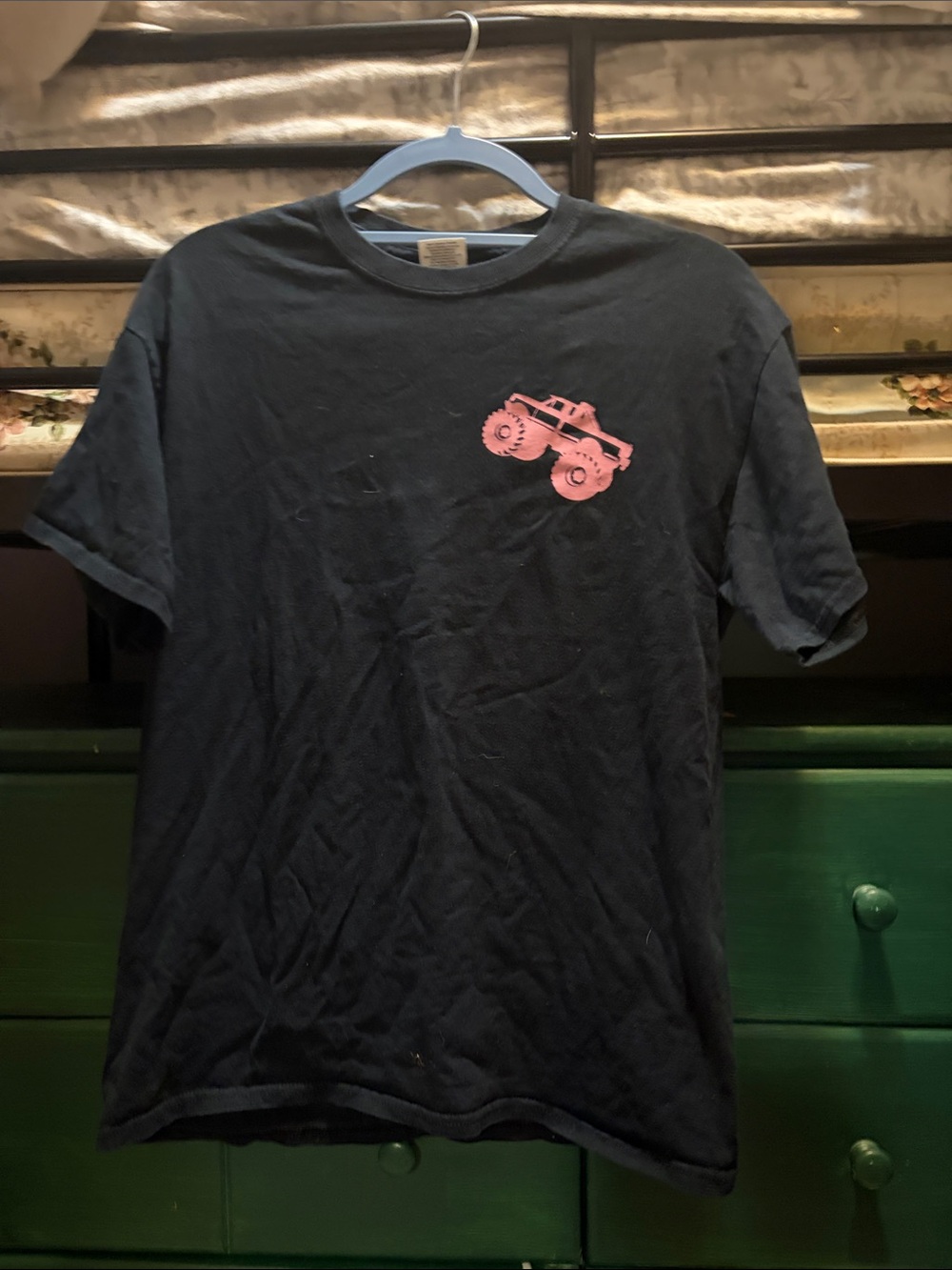 Black T-Shirt with Pink Monster Truck Graphic